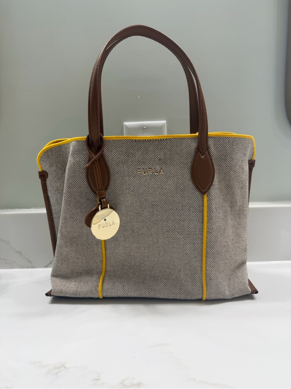 Authentic Furla Vittoria Tote Textured Canvas Brown Leather Yellow Detail NEW